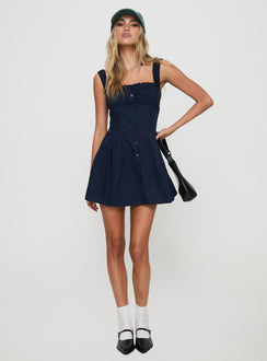 front view of model wearing Princess Polly Wait For You Mini Dress Navy Square Neck 