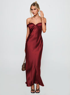 side view of model wearing Princess Polly Heartthrobs Off The Shoulder Maxi Dress Red Sweetheart Neckline 