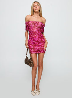 front view of model wearing Princess Polly Hotseat Off The Shoulder Mini Dress Pink Straight Neck 