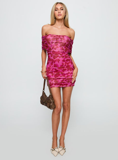 front view of model wearing Princess Polly Hotseat Off The Shoulder Mini Dress Pink Straight Neck 