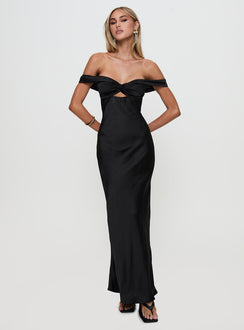 front view of model wearing Princess Polly Rava Off The Shoulder Maxi Dress Black Sweetheart Neckline 
