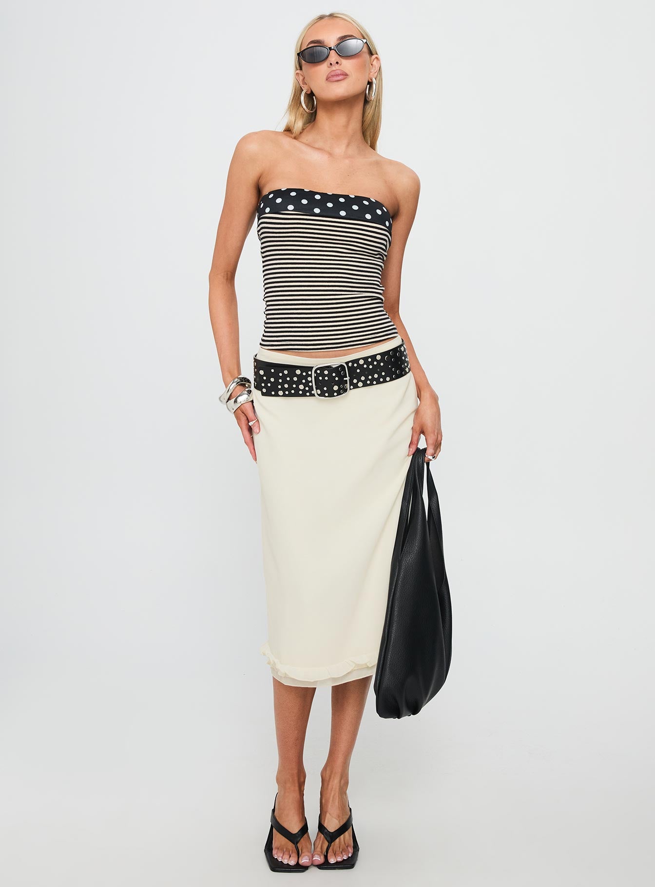   front view of model wearing Princess Polly Rosette Frill Midi Skirt Cream Midi Skirts 