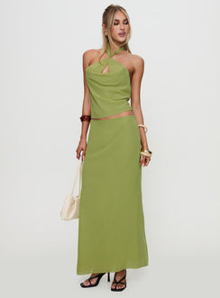   front view of model wearing Princess Polly Eleganza Maxi Skirt Green Maxi 