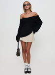 front view of model wearing Princess Polly Snowie Off Shoulder Knit Sweater Black cropped 