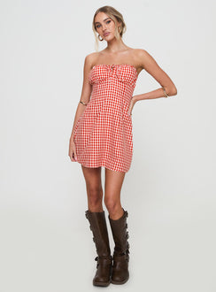 front view of model wearing Princess Polly Double Date Mini Dress Red Gingham Straight Neck 
