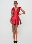 front view of model wearing Princess Polly Butacup Frill Mini Dress Red V-Neck 