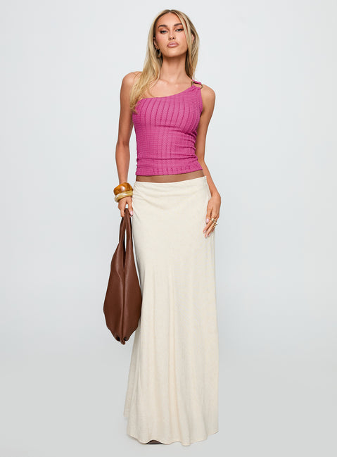 front view of model wearing Princess Polly All Falls Down One Shoulder Top Pink Sleeveless Asymmetric Neckline 