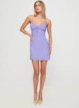 front view of model wearing Princess Polly Emily Mini Dress Lilac V-Neck 