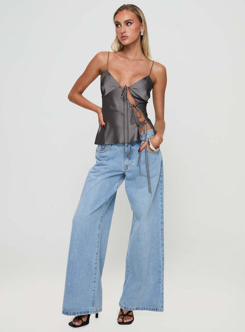 front view of model wearing Princess Polly Mariah Top Grey Sleeveless Plunger 