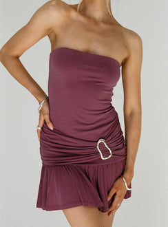 side view of model wearing Princess Polly Love Lingers Strapless Mini Dress Burgundy Petite Straight Neck 