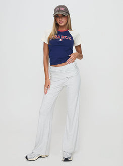 front view of model wearing Princess Polly France Fantasy Top Navy Short Sleeves Crew Neck 