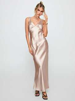 front view of model wearing Princess Polly Northern Star Maxi Dress Champagne V-Neck 