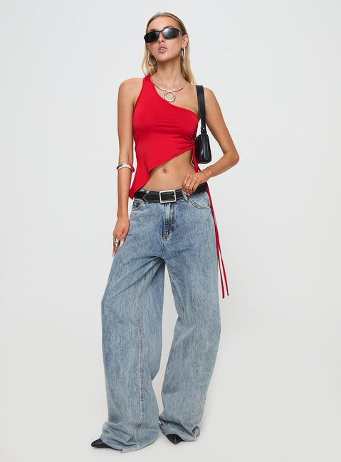 front view of model wearing Princess Polly Servina Top Red Sleeveless Asymmetric Neckline 