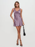 side view of model wearing Princess Polly Kosettina Mini Dress Mauve V-Neck 