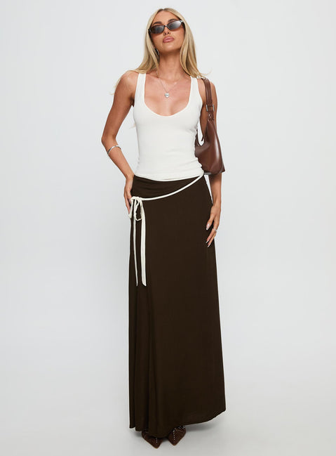   front view of model wearing Princess Polly Keirah Contrast Wrap Maxi Skirt Chocolate / White Maxi 