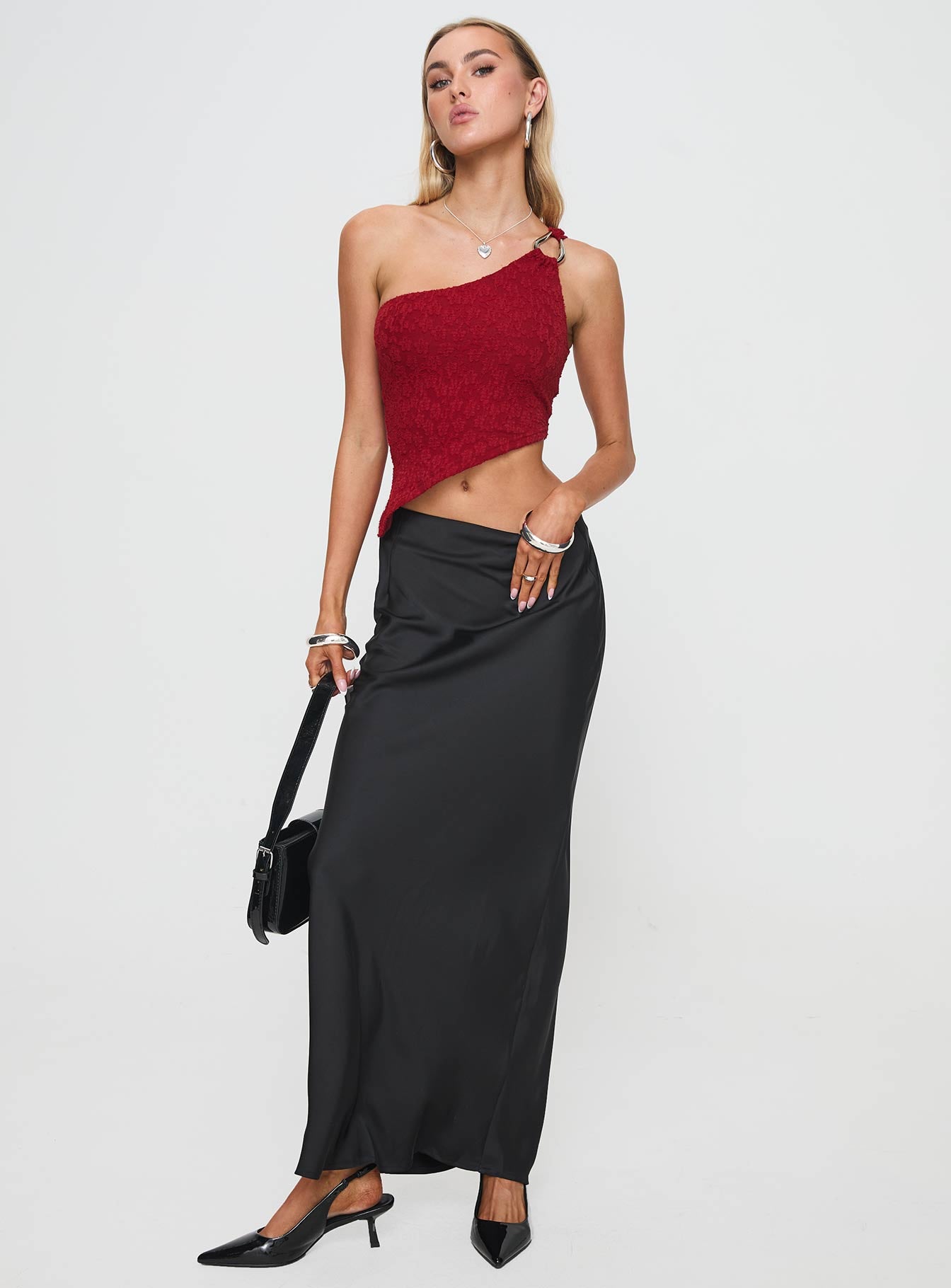front view of model wearing Princess Polly Toomba One Shoulder Top Blurred Lace Red Sleeveless Asymmetric Neckline 