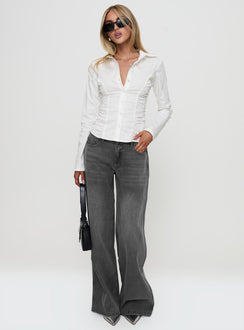 front view of model wearing Princess Polly Stand Up Guy Long Sleeved Ruched Detail Top White Full Sleeves V-Neck 