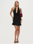 front view of model wearing Princess Polly Ocean Boulevard Plunge Mini Dress Black Cowl Neck 