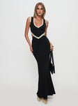 side view of model wearing Princess Polly Keila Lace Trim Maxi Dress Black / Cream V-Neck 