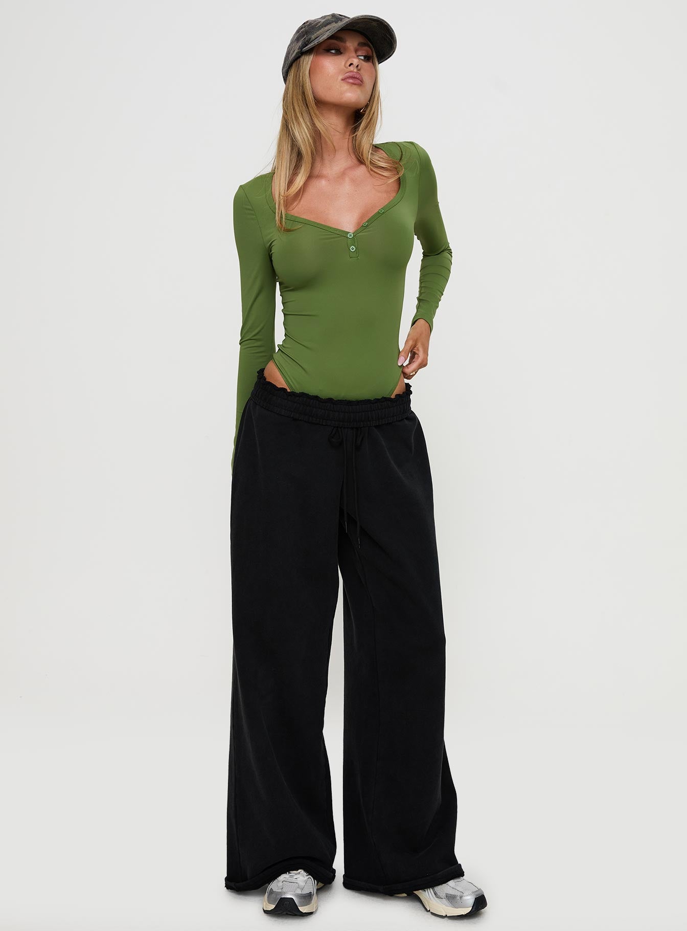 front view of model wearing Princess Polly Delgado Long Sleeve Bodysuit Olive Full Sleeves 