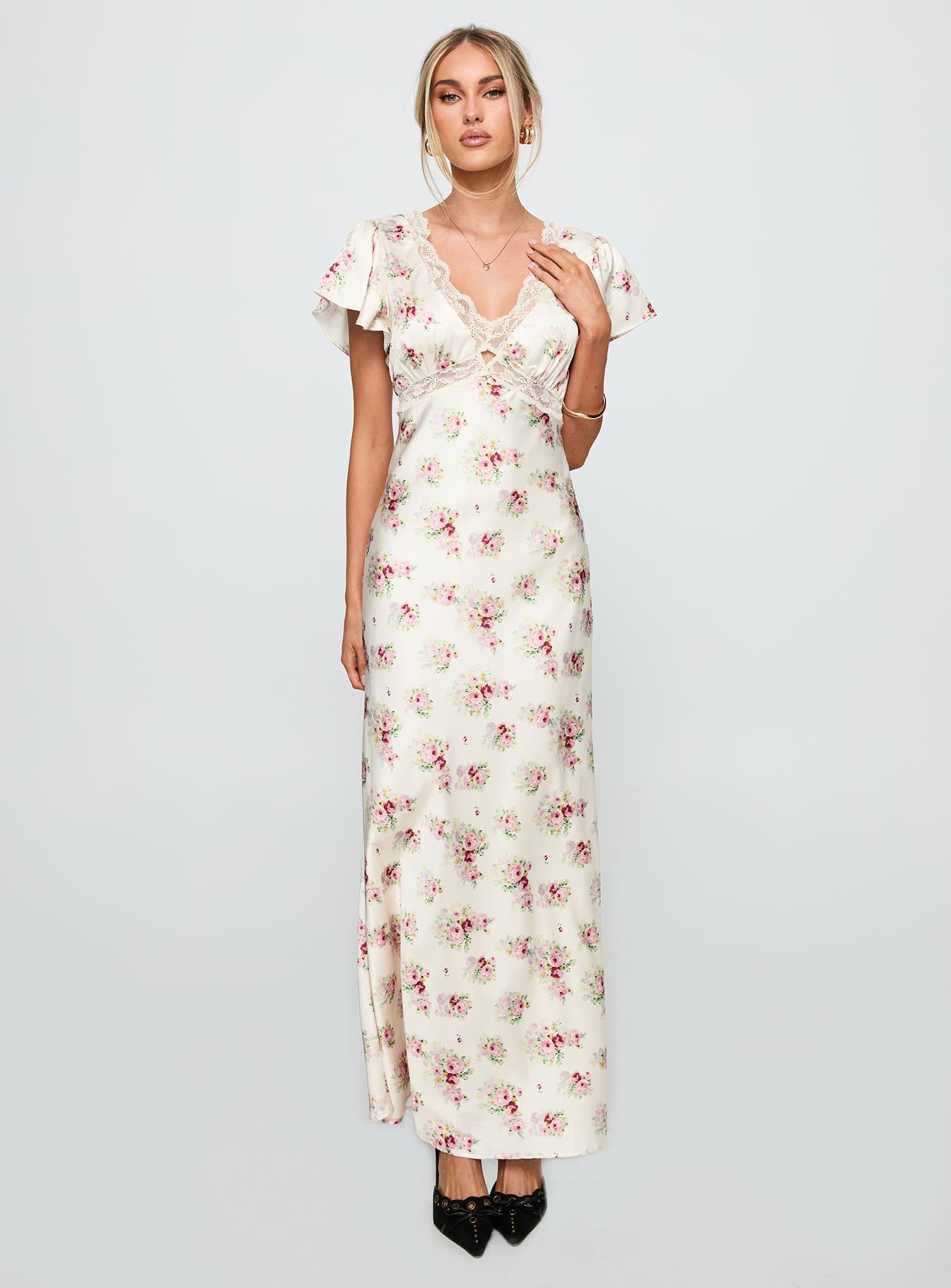 front view of model wearing Princess Polly Miraselle Maxi Dress Cream Floral V-Neck 