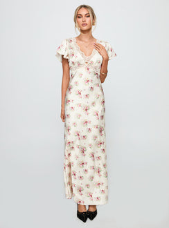 front view of model wearing Princess Polly Miraselle Maxi Dress Cream Floral V-Neck 