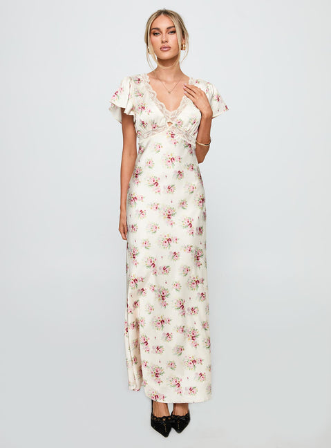 front view of model wearing Princess Polly Miraselle Maxi Dress Cream Floral V-Neck 