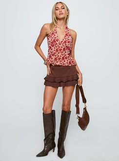 front view of model wearing Princess Polly Two Ghosts Low Back Halter Top Red Floral Sleeveless V-Neck 