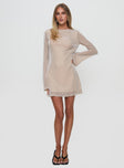 front view of model wearing Princess Polly Supanova Long Sleeve Mini Dress Champagne High Neck 