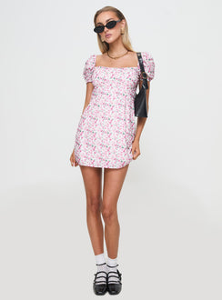 front view of model wearing Princess Polly Hollen Mini Dress White Floral Square Neck 
