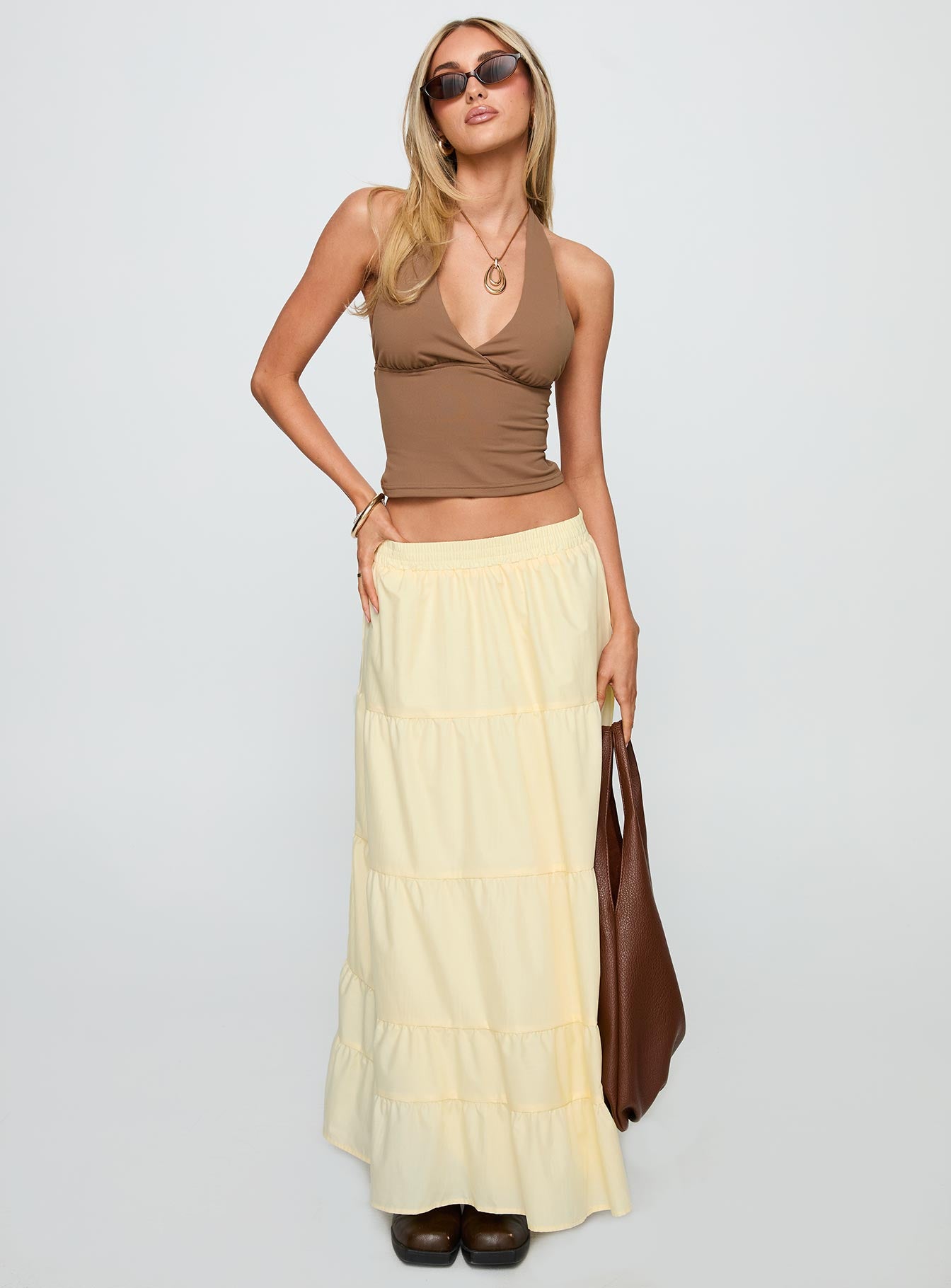   front view of model wearing Princess Polly Garden Party Maxi Skirt Lemon Maxi 