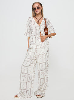 front view of model wearing Princess Polly Sun Dream Shirt Cream / Multi Half Sleeves Plunger 