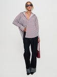 side view of model wearing Princess Polly Takes You Far Shirt Burgundy Stripe Full Sleeves V-Neck 