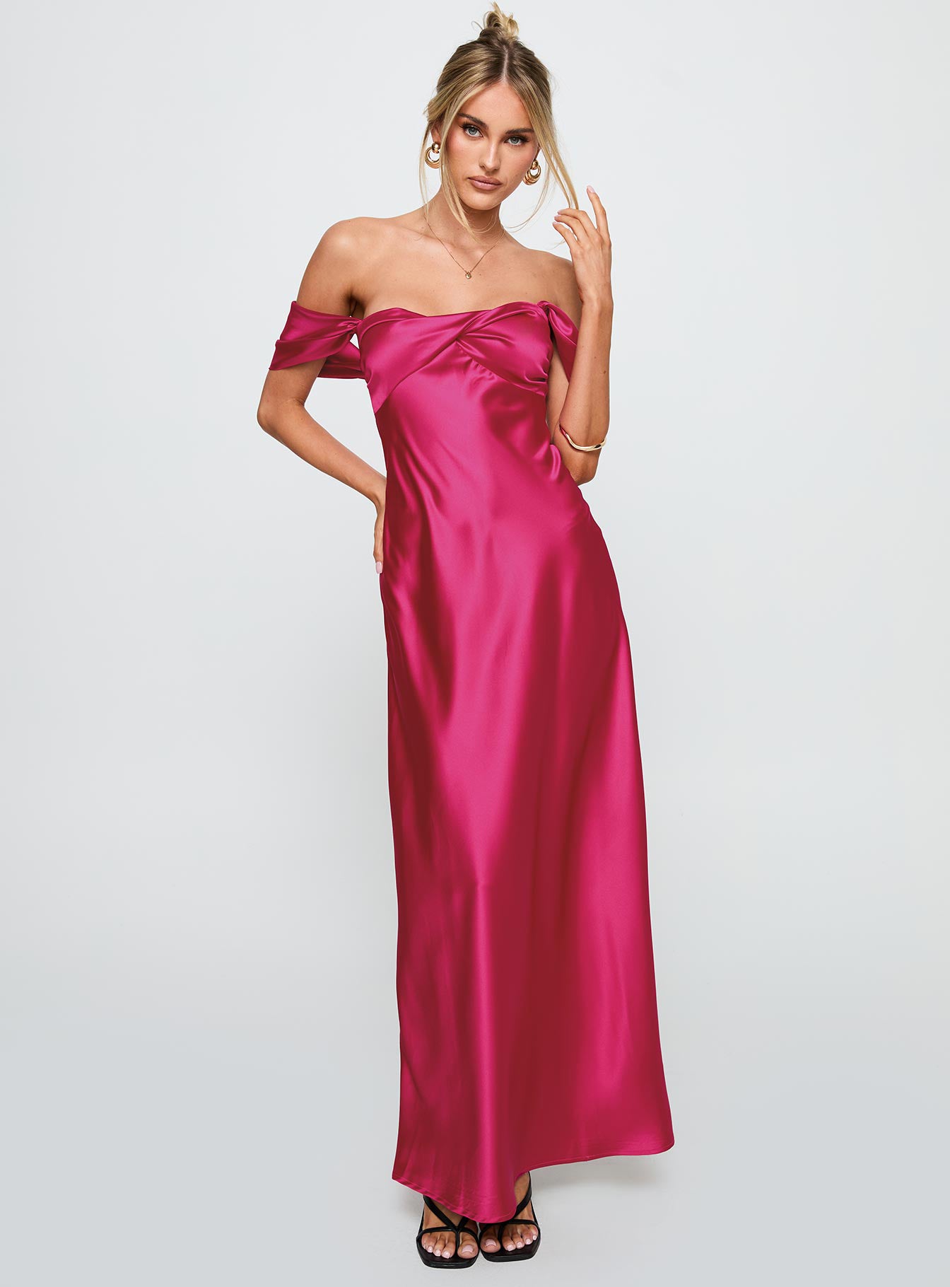 front view of model wearing Princess Polly Live For You Off The Shoulder Maxi Dress Hot Pink Sweetheart Neckline 