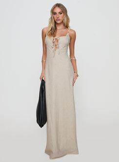 side view of model wearing Princess Polly Seraphia Maxi Dress Beige Sweetheart Neckline 
