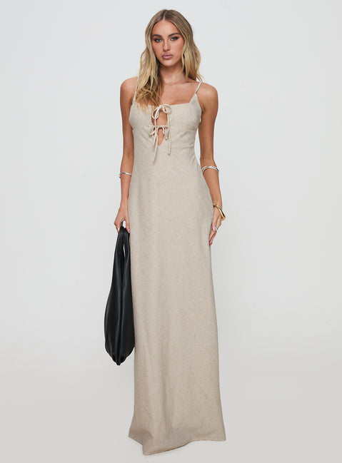 side view of model wearing Princess Polly Seraphia Maxi Dress Beige Sweetheart Neckline 