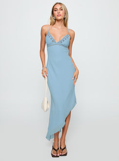 front view of model wearing Princess Polly Fleuretta Embroidered Midi Dress Blue / Brown Plunger 