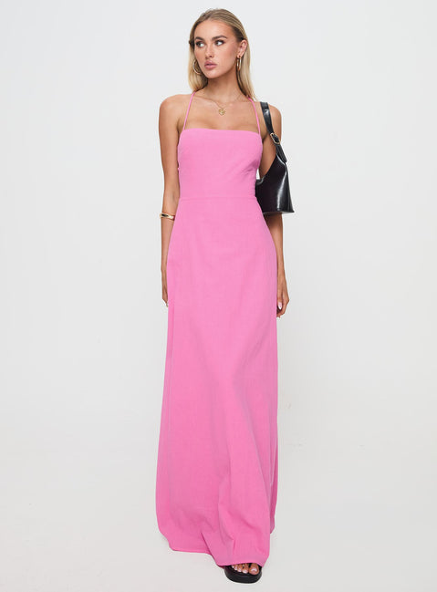 front view of model wearing Princess Polly Clea Maxi Dress Pink Square Neck 