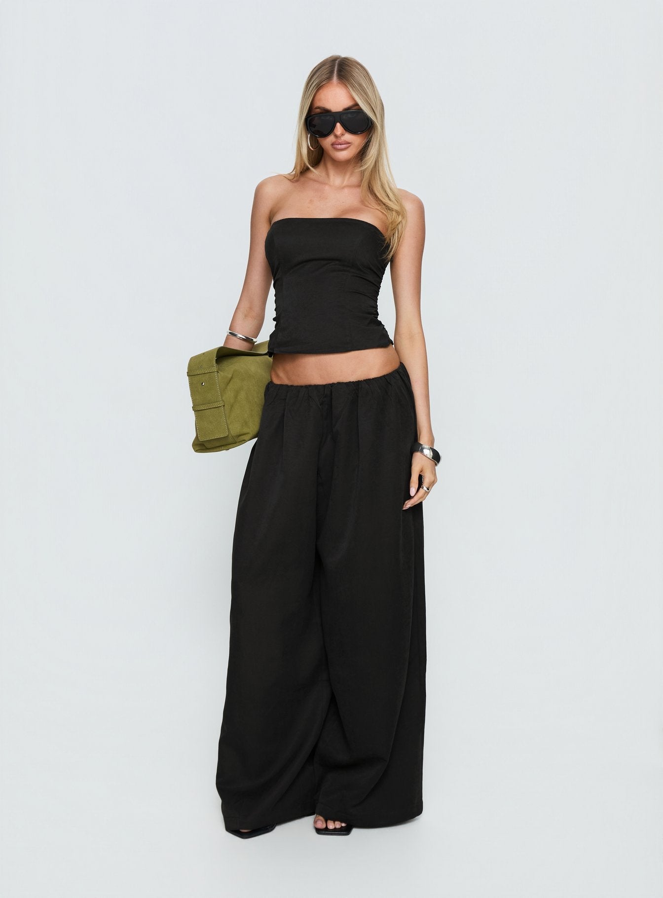 front view of model wearing Princess Polly Odara Wide Leg Pants Black Low Rise Pants 