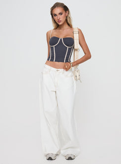 front view of model wearing Princess Polly Tehlie Top Slate Sleeveless Sweetheart 