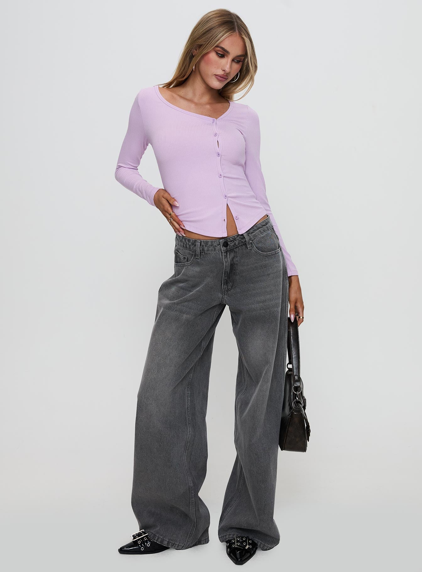 side view of model wearing Princess Polly Sadira Long Sleeve Button Up Top Lilac Full Sleeves Asymmetric Neckline 