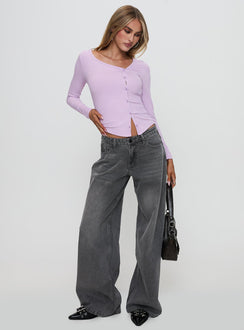 side view of model wearing Princess Polly Sadira Long Sleeve Button Up Top Lilac Full Sleeves Asymmetric Neckline 