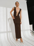 front view of model wearing Princess Polly Steward Maxi Dress Chocolate Plunger 