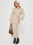 Princess Polly V-Neck  Oriel Long Sleeve Knit Maxi Dress Beige