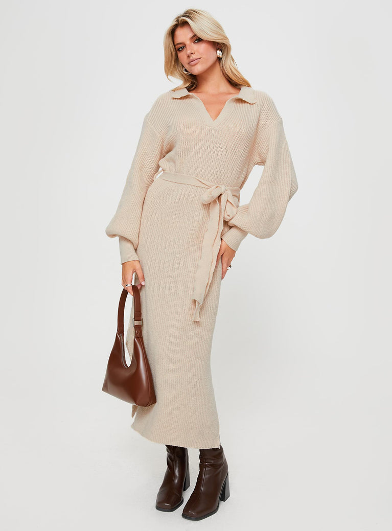 front view of model wearing Princess Polly Oriel Long Sleeve Knit Maxi Dress Beige V-Neck 