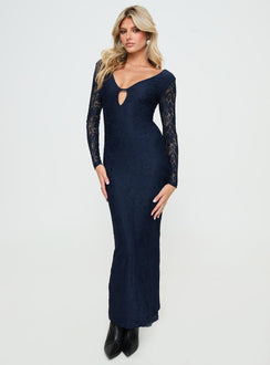 front view of model wearing Princess Polly Marceline Long Sleeve Maxi Dress Navy Plunger 
