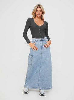 front view of model wearing Princess Polly Barlise Bodysuit Grey Full Sleeves Scoop Neck 