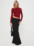 side view of model wearing Princess Polly Matrid Long Sleeve Top Burgundy Full Sleeves Asymmetric Neckline 