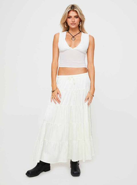 front view of model wearing Princess Polly Sheiks Top White Sleeveless Plunger 