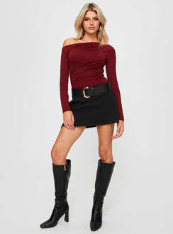front view of model wearing Princess Polly Donner Long Sleeve Bodysuit Burgundy Full Sleeves Asymmetric Neckline 